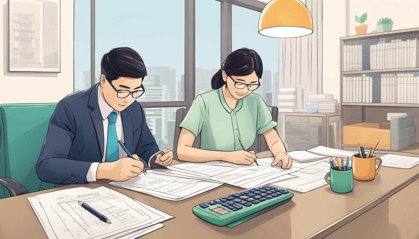 A couple signing HDB loan documents, with a calculator showing downpayment calculations and a Singaporean flag in the background