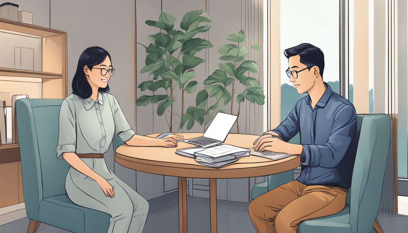 A couple discusses HDB loan options, reviewing down payment and financial planning in Singapore