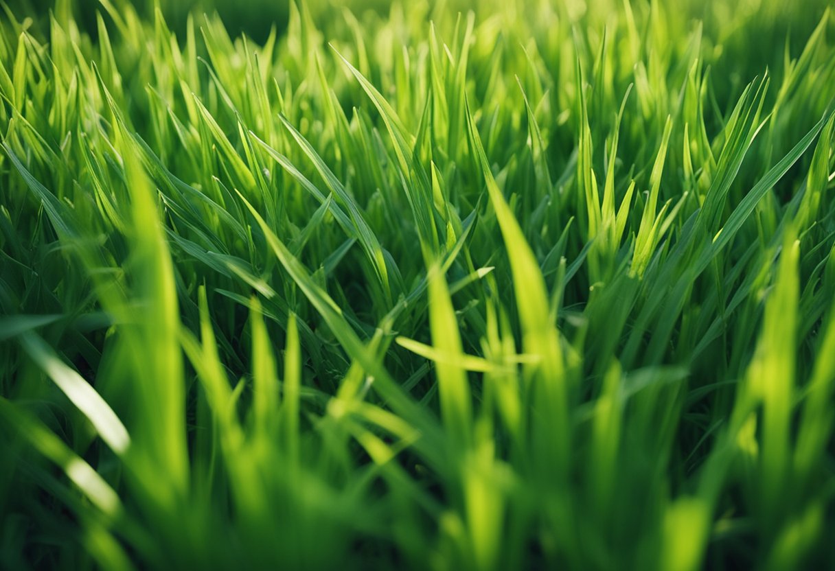 Lush green grass with vibrant colors and healthy growth, surrounded by a well-maintained garden or lawn