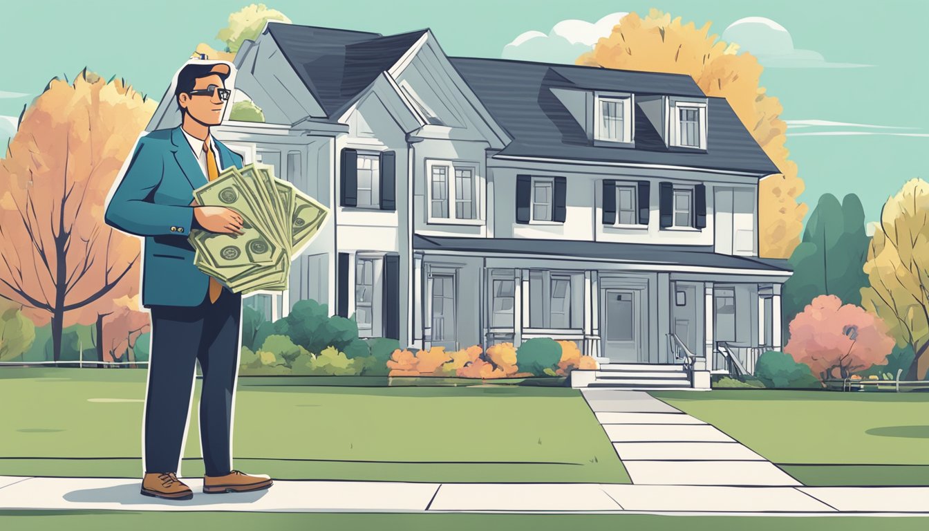 A person holding a key and a stack of money, standing in front of a house with a "Paid Off" sign