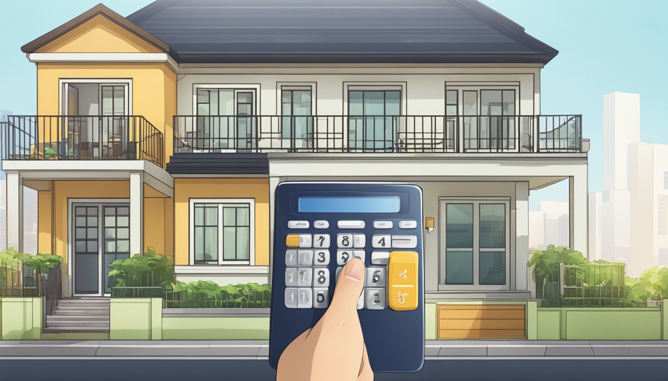 A person holding a key, standing in front of a house, with a calculator and paperwork, symbolizing early repayment of an HDB loan in Singapore