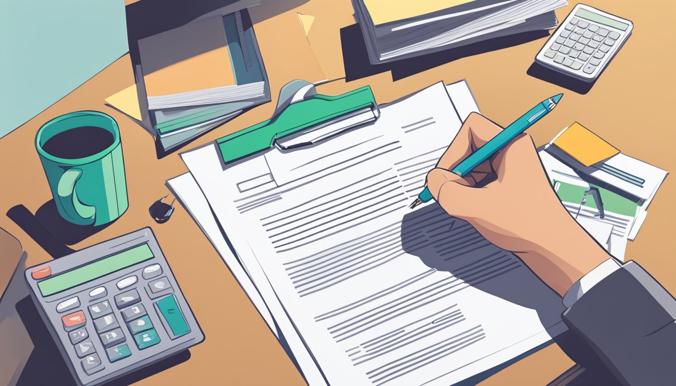 A person signing paperwork for a grant or loan, with a stack of papers and a pen on a desk