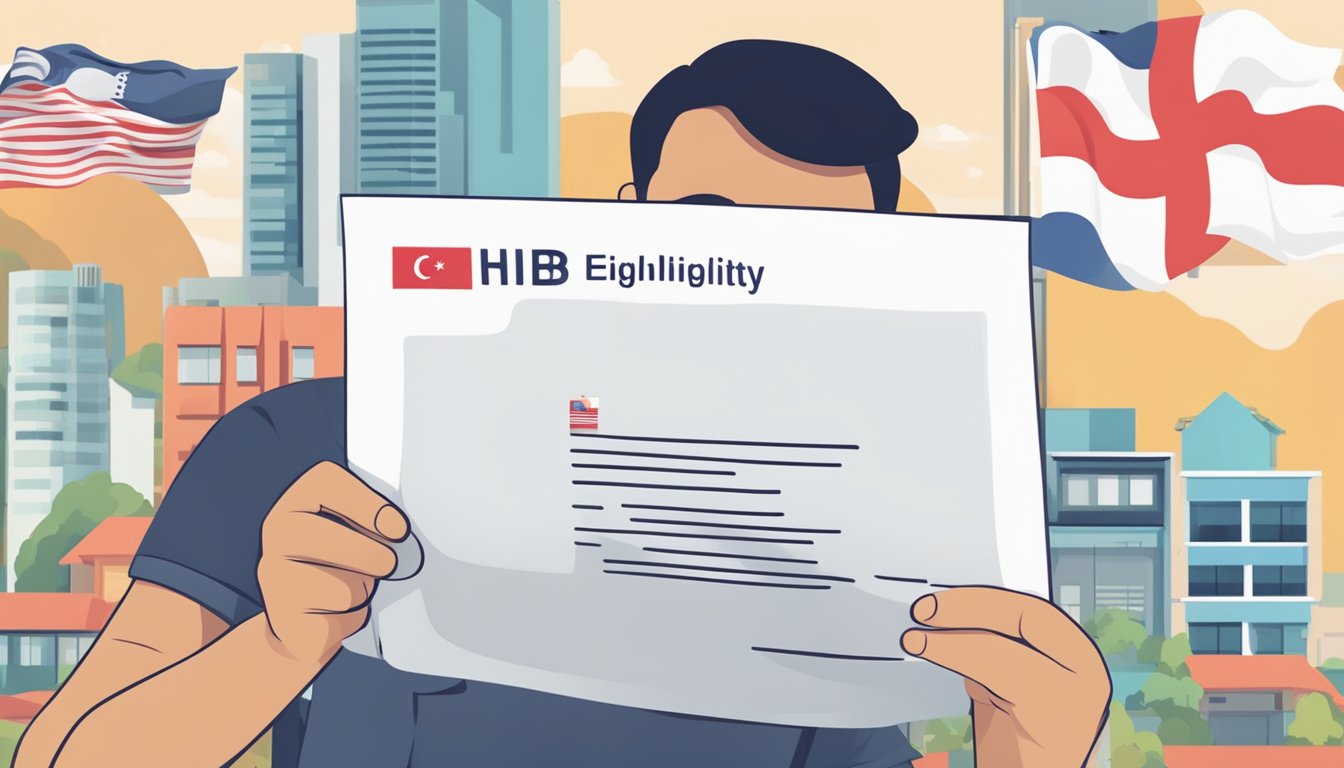 A person holding a letter with "HDB Loan Eligibility" written on it, with a Singaporean flag in the background