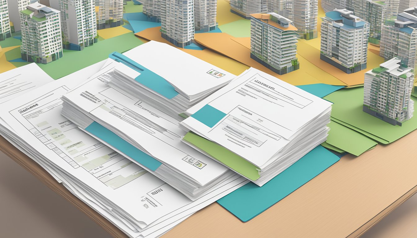 A stack of HDB loan eligibility letters arranged on a desk with different types of HDB flats in the background