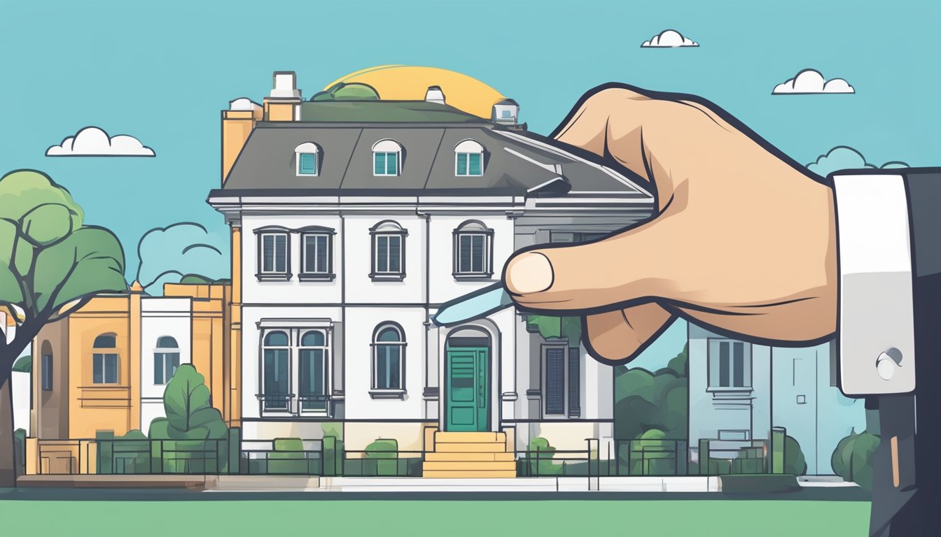 A hand holding a key, with a house and a bank in the background, symbolizing the concept of HDB loan interest in Singapore