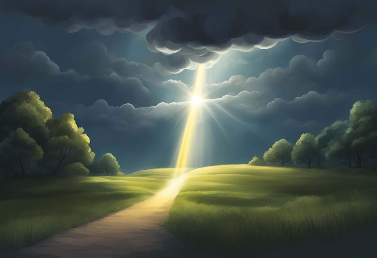 A beam of light shines through a dark stormy sky, illuminating a path through the clouds. The light breaks through the darkness, symbolizing hope and breakthrough in creative endeavors