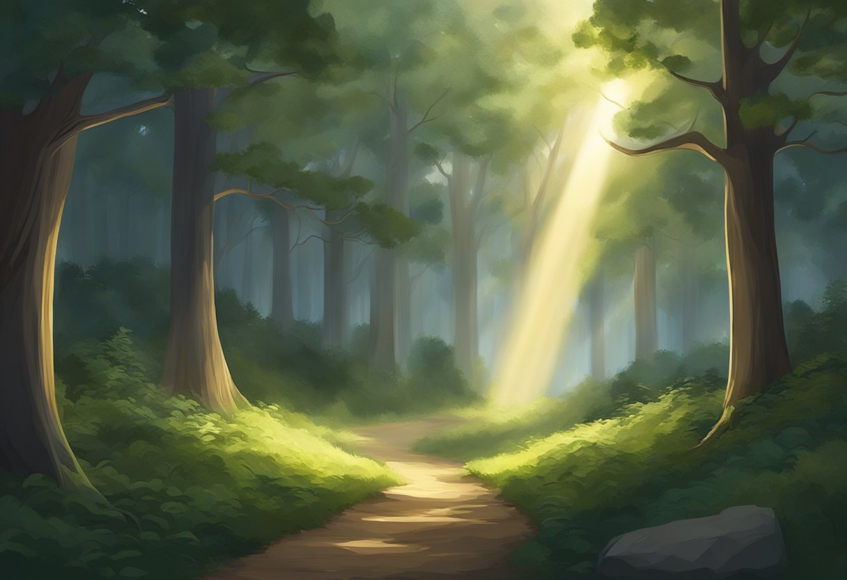 A beam of light breaks through dark clouds, illuminating a path through a forest. Trees sway in the wind as the light reaches a clearing, symbolizing hope and breakthrough in creative endeavors
