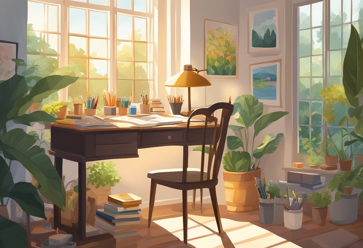 A serene, sunlit room with a desk covered in art supplies. A window overlooks a lush garden. A candle burns, casting a warm glow
