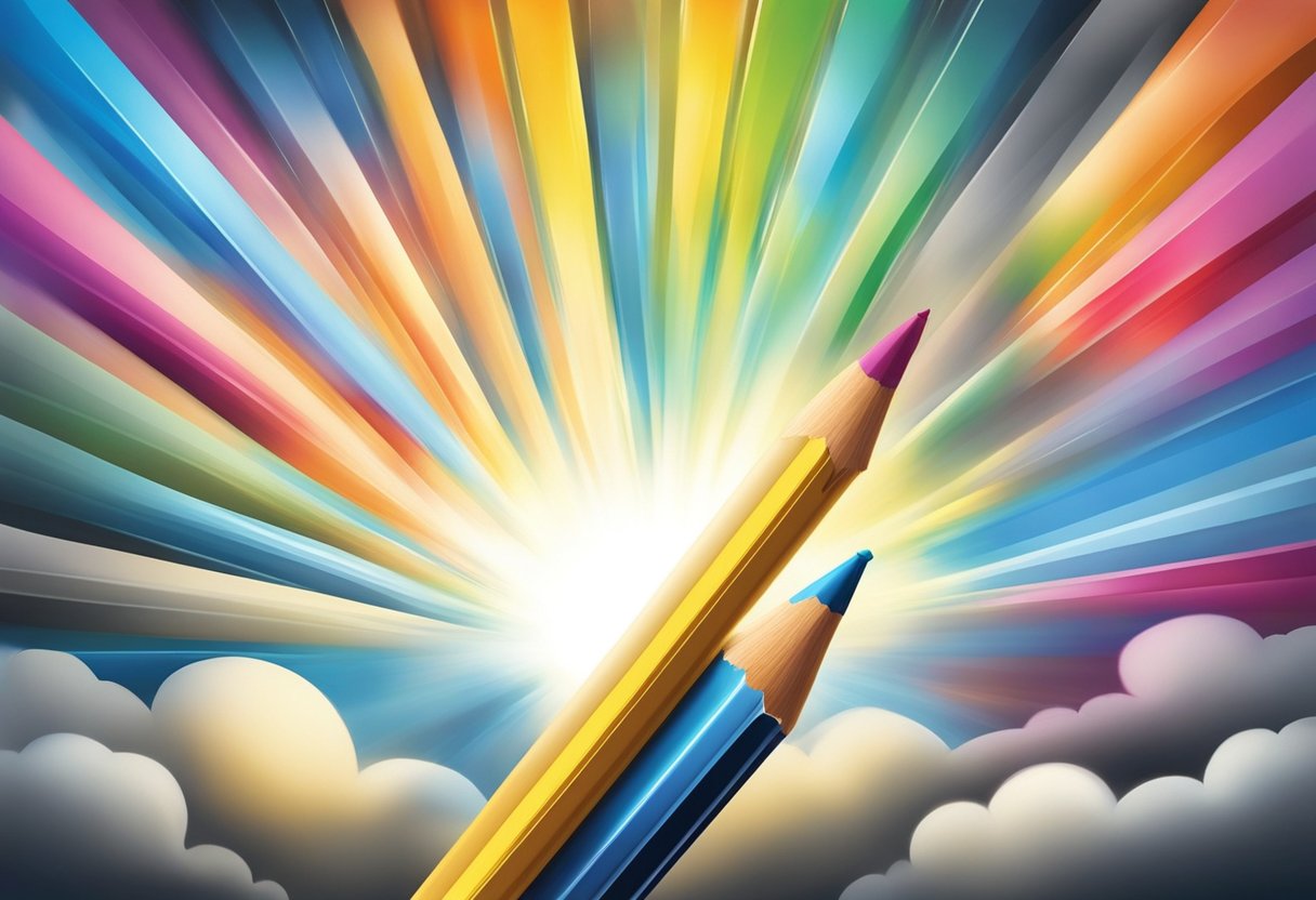 A colorful burst of light breaks through a dark cloud, symbolizing a breakthrough in creativity. A pencil and paintbrush lay ready, waiting to bring new ideas to life