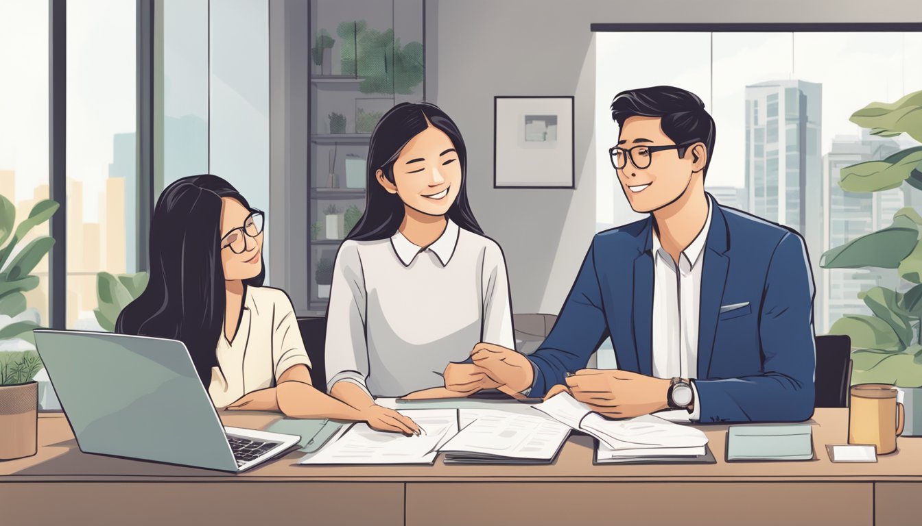 A couple reviewing HDB loan eligibility criteria at a bank, with a loan officer explaining LTV ratios and Singapore regulations