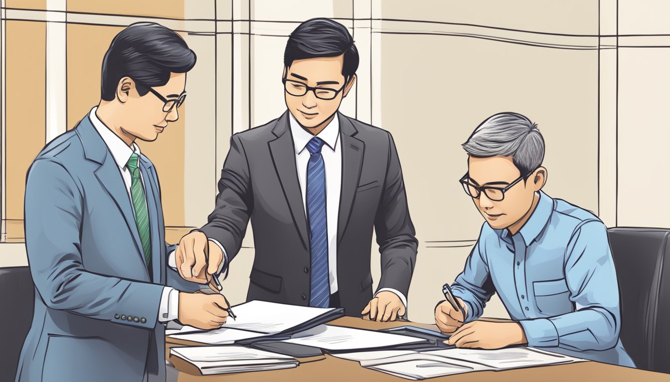 A person signing a loan agreement with a bank officer in Singapore