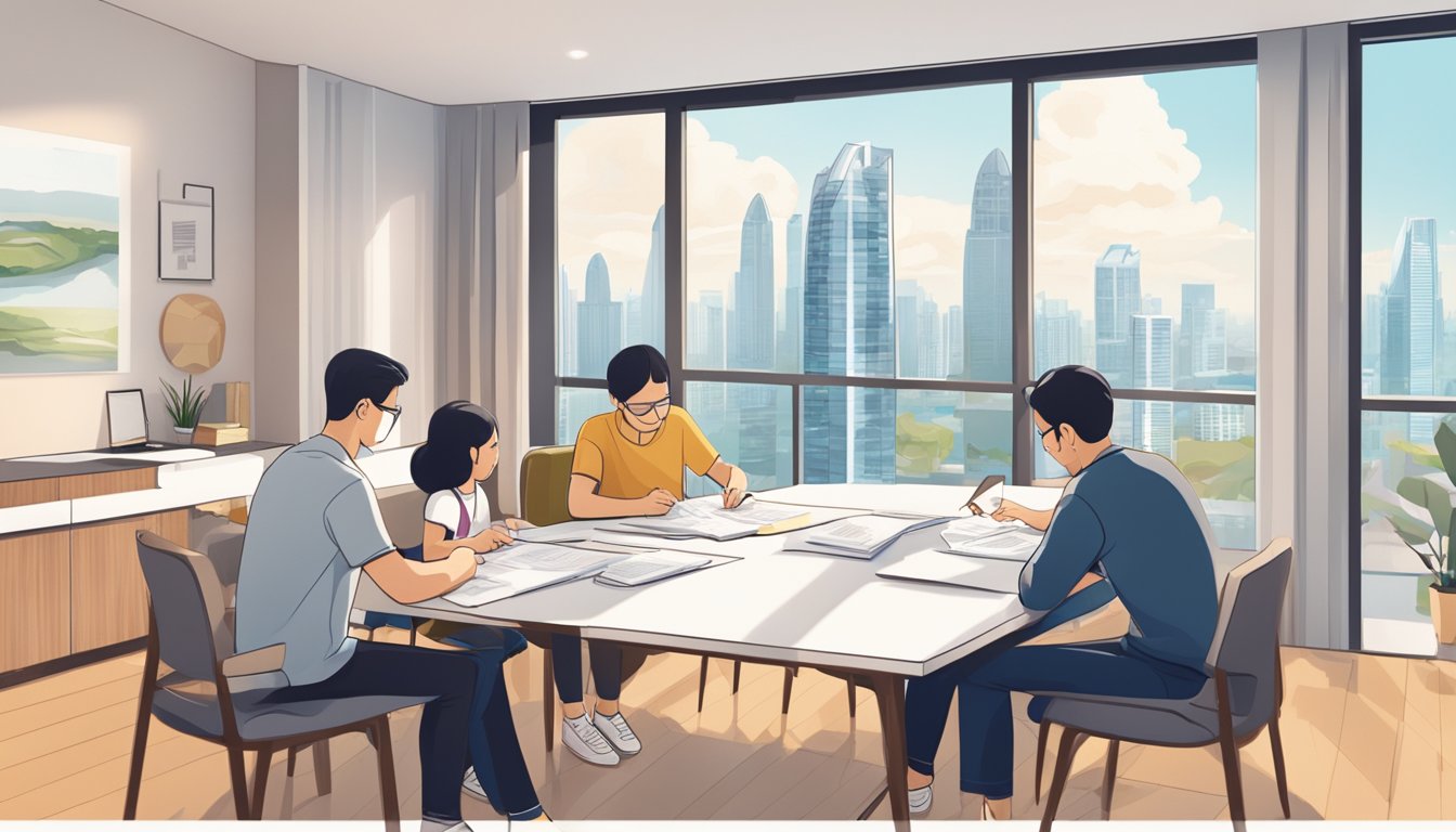 A family signs HDB loan papers at a table, with a stack of documents and a pen. The room is bright and airy, with a view of the city skyline