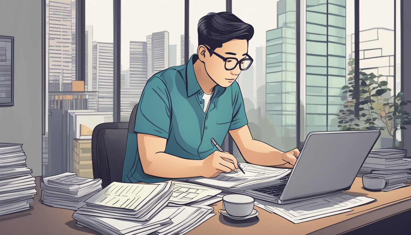A person sitting at a desk, surrounded by financial documents and a calculator, calculating HDB loan tenure in Singapore