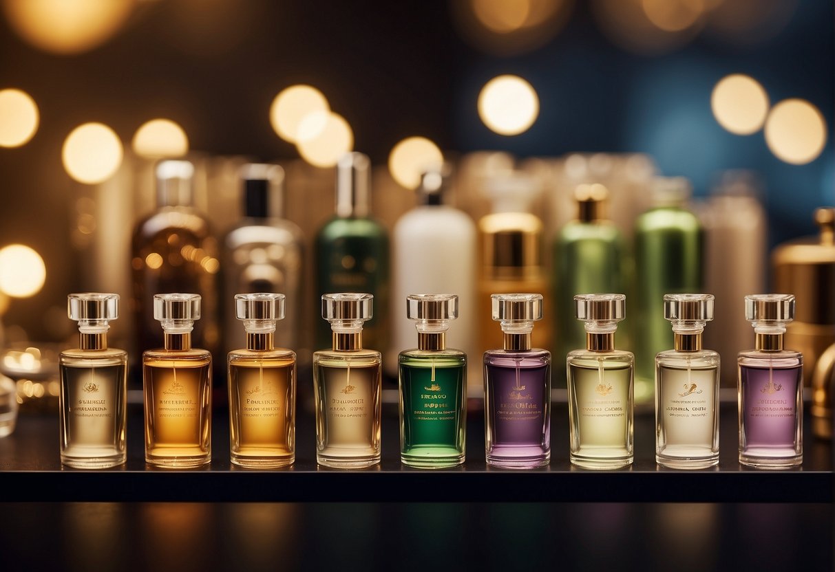 A variety of fragrance bottles displayed on a shelf with different shapes and sizes, each labeled with its unique scent