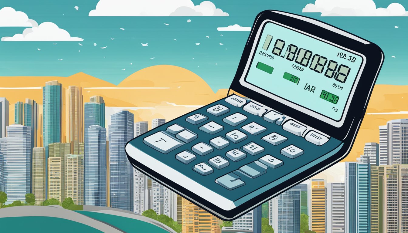 A calculator displaying monthly HDB installment, set against a backdrop of a Singaporean city skyline