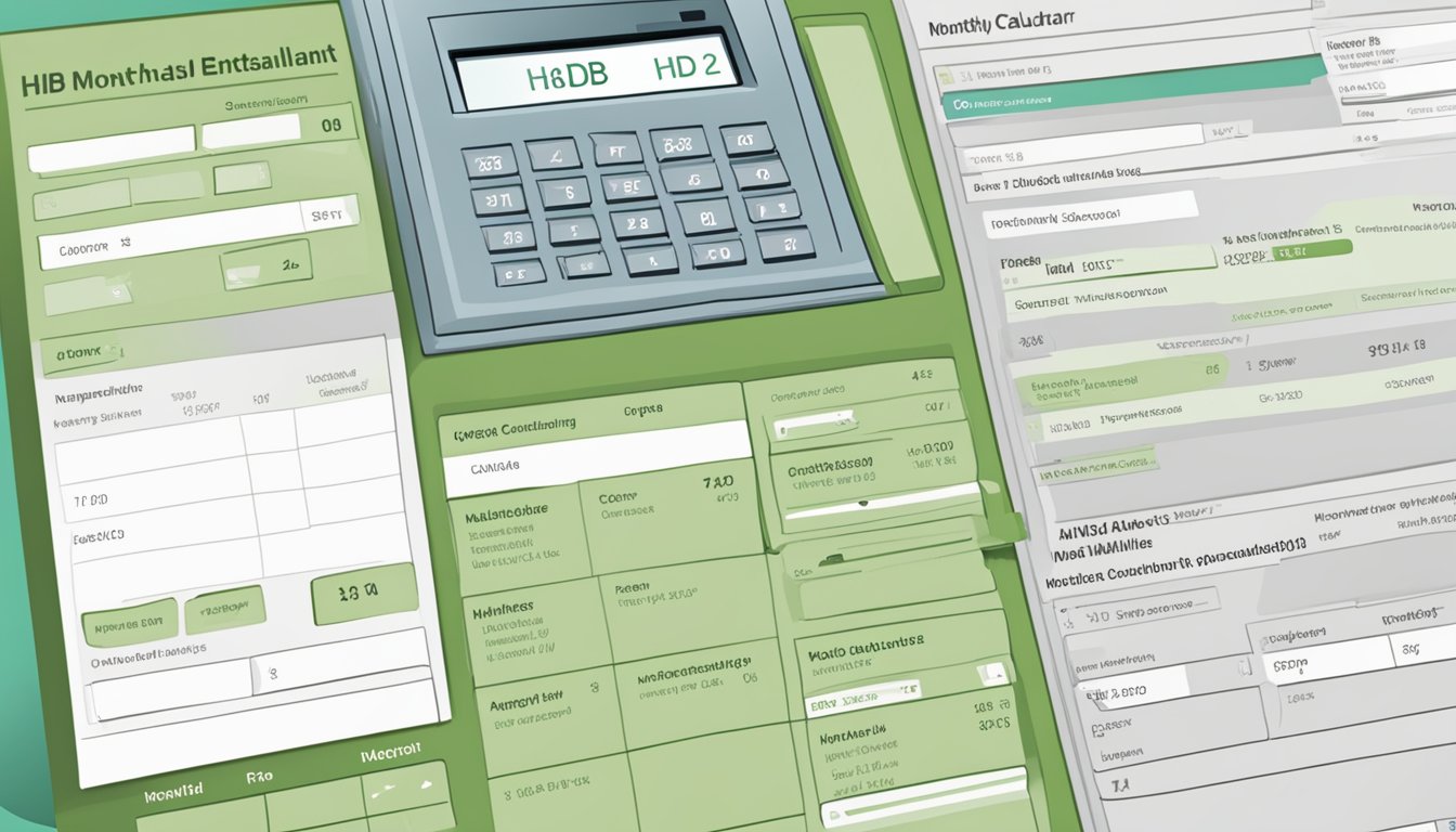 A computer screen with a webpage open showing the HDB monthly installment calculator. The calculator fields are filled in with numbers and the result is displayed