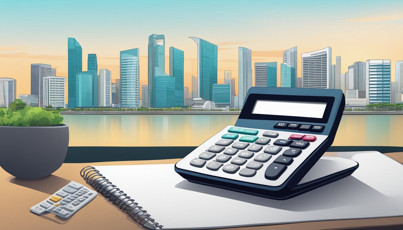 A calculator displaying HDB loan monthly installments with a Singapore backdrop