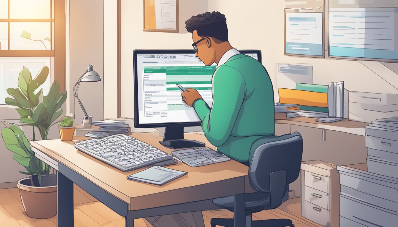 A person fills out forms on a computer, with a calculator and paperwork nearby. The screen displays a monthly installment calculator for a housing loan