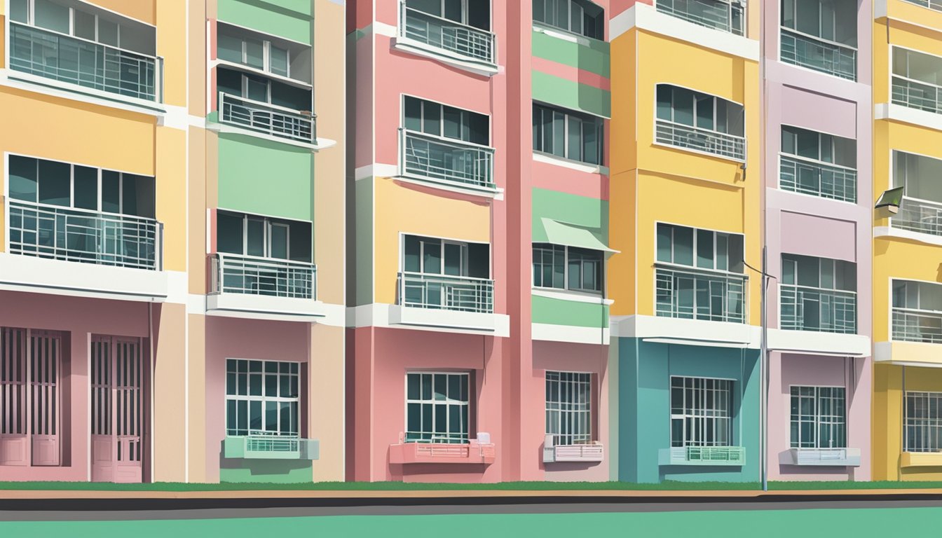 A row of HDB buildings with a sign displaying "Minimum Occupation Period (MOP) Rules" in Singapore