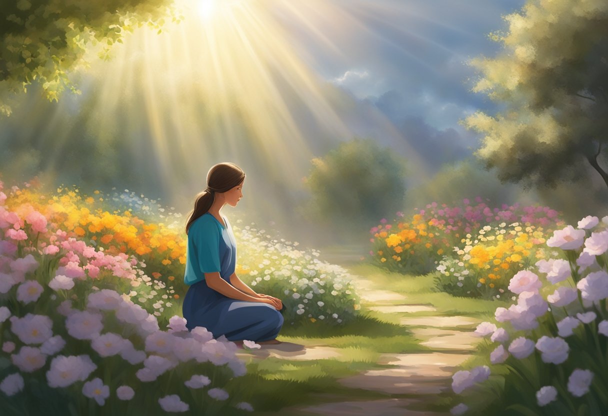 A figure kneels in a serene garden, surrounded by blooming flowers and a peaceful atmosphere, with rays of sunlight breaking through the clouds above