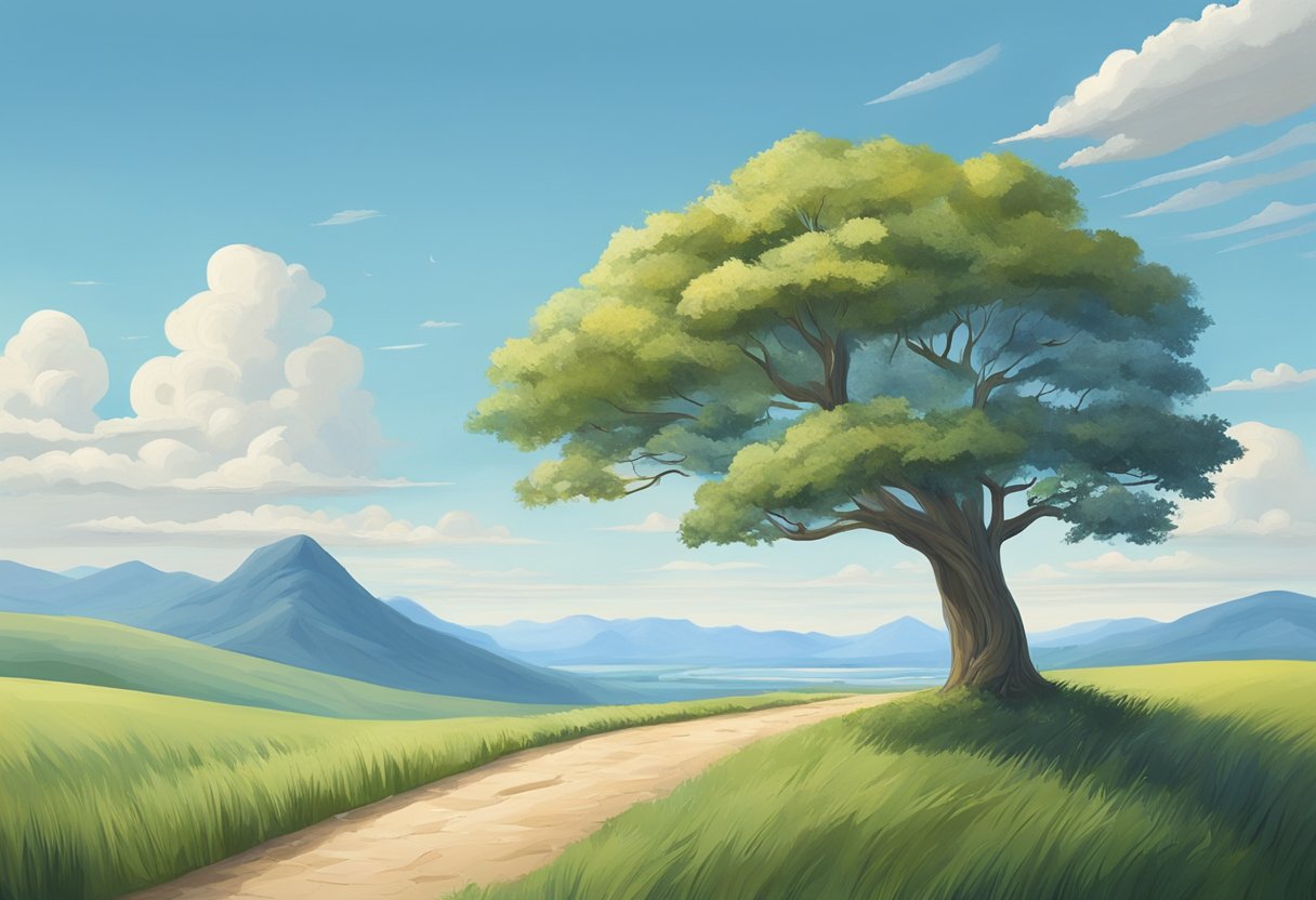 A serene landscape with a clear blue sky, a winding path leading towards a distant horizon, and a solitary tree standing tall and strong, symbolizing hope and resilience in the face of addiction