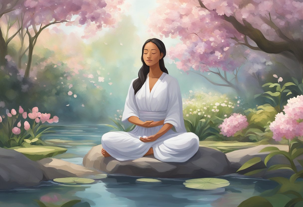 A serene figure meditates in a tranquil garden, surrounded by blooming flowers and flowing water. The atmosphere is peaceful and hopeful, evoking a sense of spiritual connection and inner strength