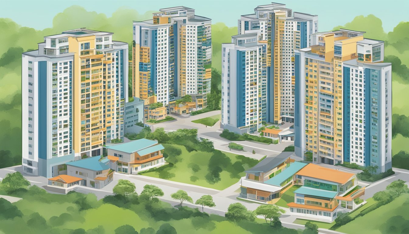 A group of HDB buildings in Singapore with signs displaying "Special Schemes and Programmes" and "MOP Rules" prominently