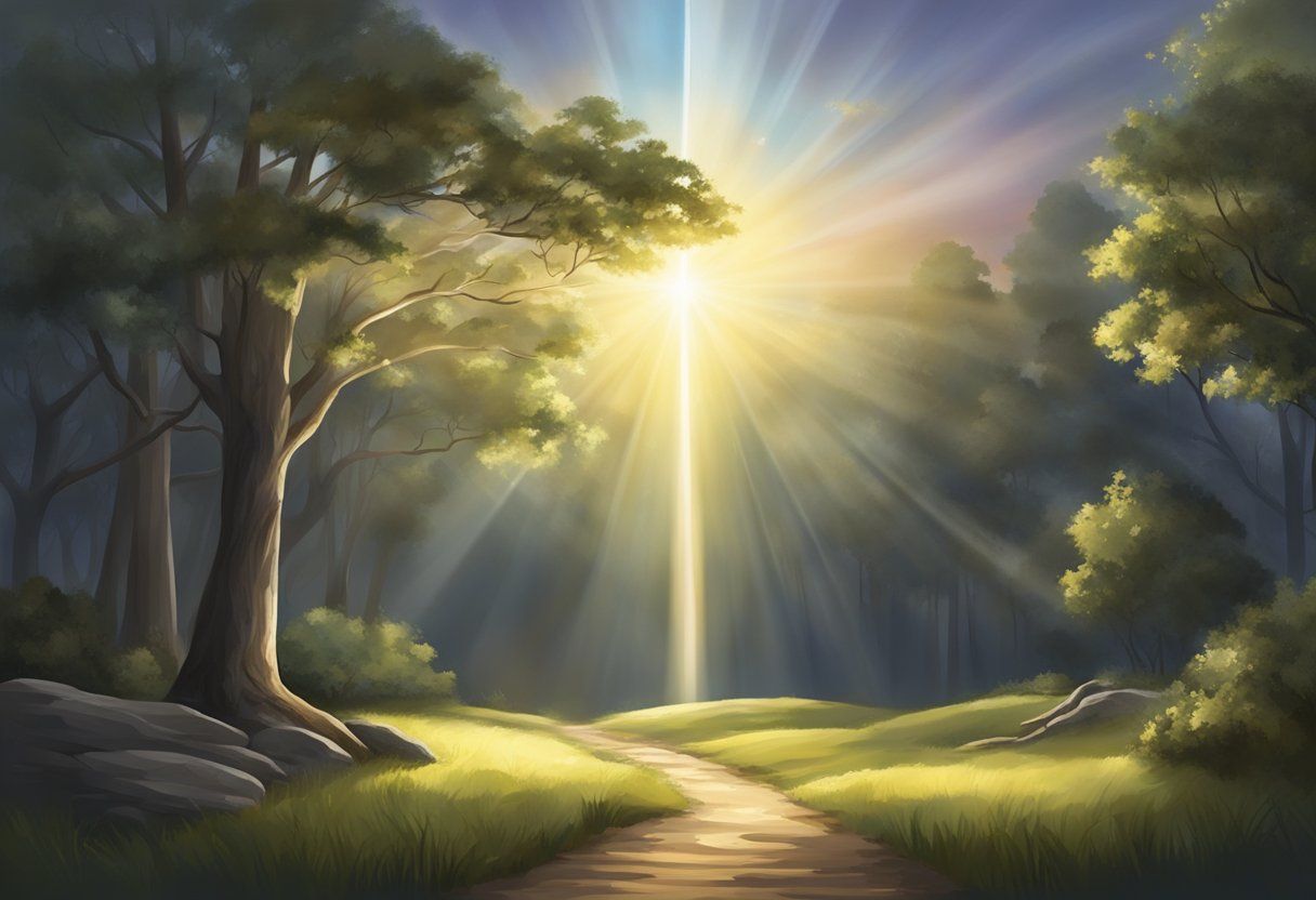 A serene, peaceful setting with a beam of light breaking through the darkness, symbolizing hope and victory over addiction
