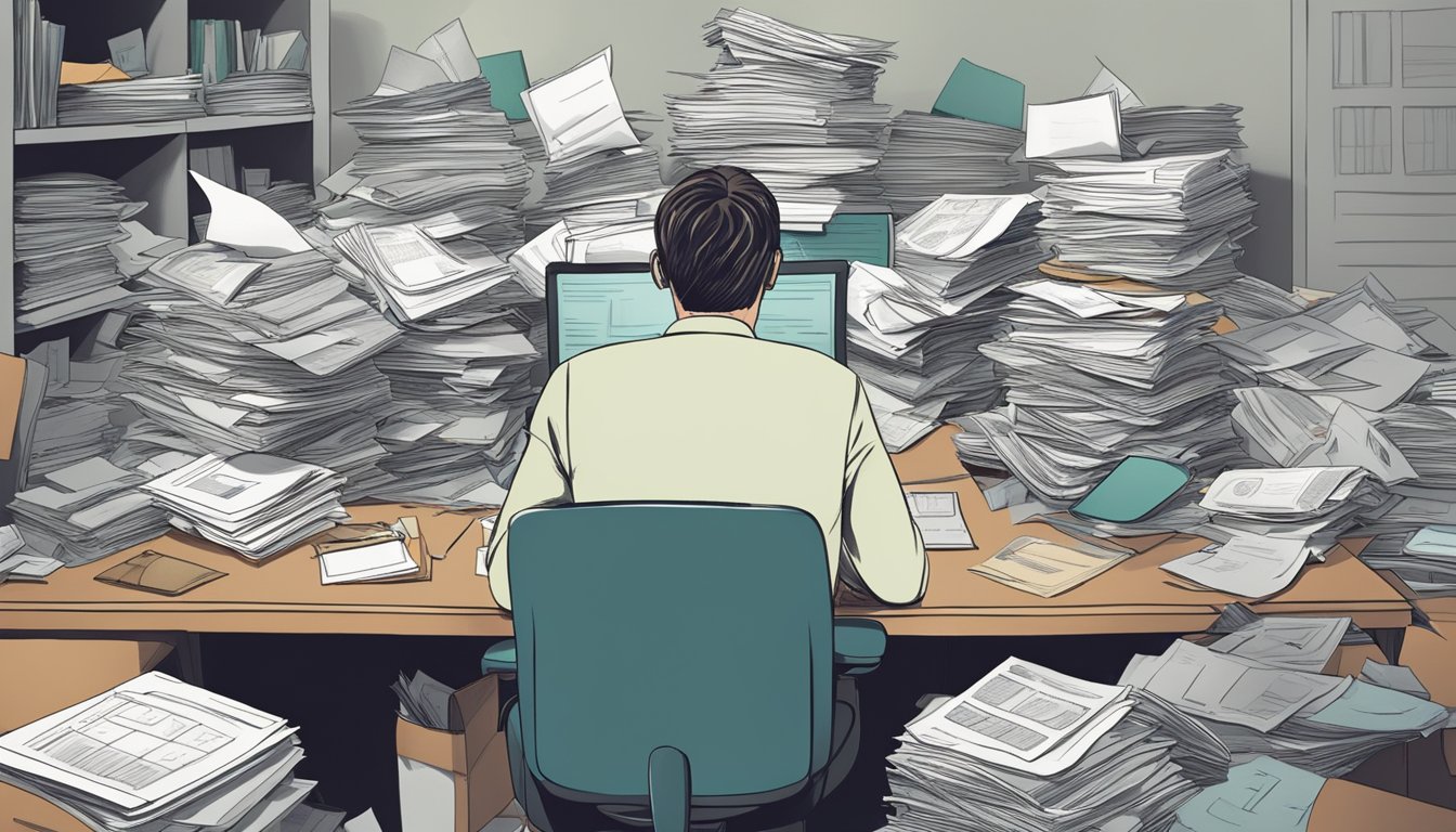 A person sitting at a cluttered desk, surrounded by piles of paperwork and financial documents. A look of worry and stress on their face as they consider post-divorce and bankruptcy options