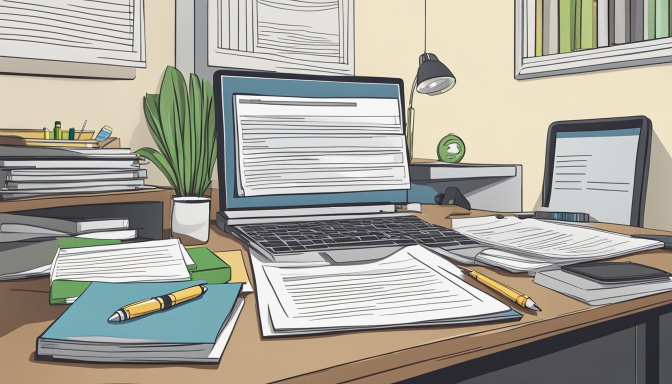 A stack of documents labeled "Frequently Asked Questions HDB MOP Rules Singapore" with a computer and pen on a desk