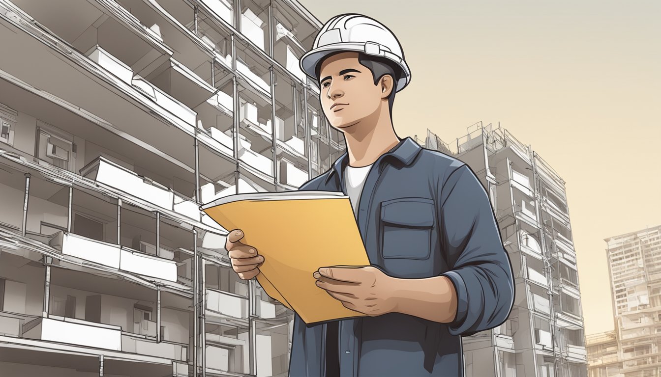 A contractor holds a permit form, standing in front of an HDB building under renovation, with construction materials and equipment in the background