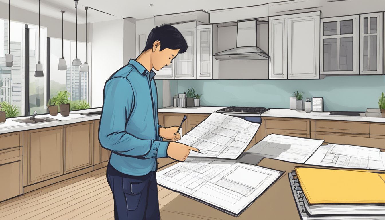 A homeowner reviews a list of renovation contractors for their HDB permit in Singapore