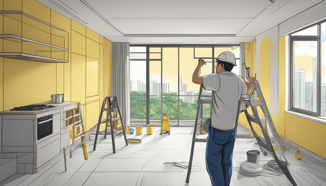 A construction worker paints a newly renovated HDB apartment, following Singapore's renovation guidelines