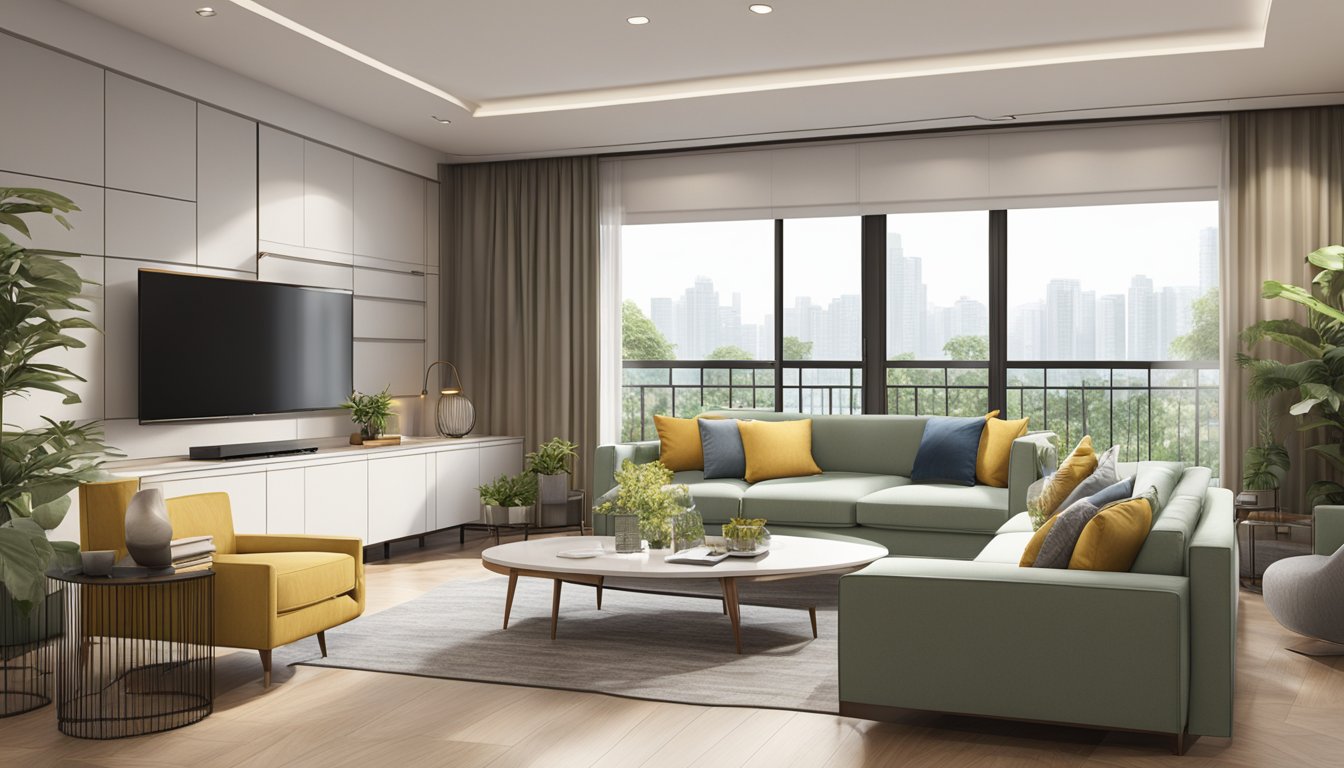 A spacious living room with modern furniture and ample natural light, showcasing the seamless integration of design and structural elements in a HDB renovation