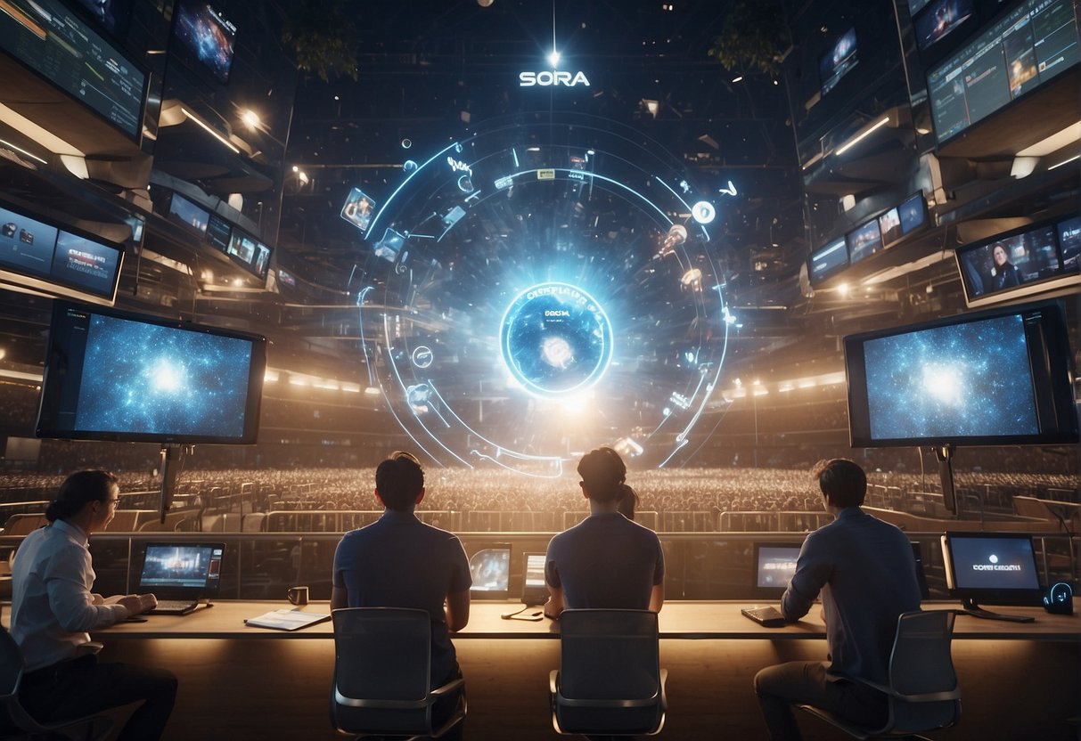 Sora's impact on media and content creation: OpenAI logo prominently featured on screens, with various digital tools and platforms surrounding it