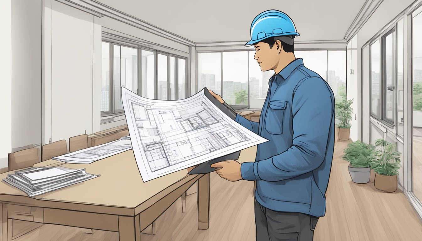 A contractor holds a permit while inspecting an HDB unit for renovation, with blueprints and tools on a table