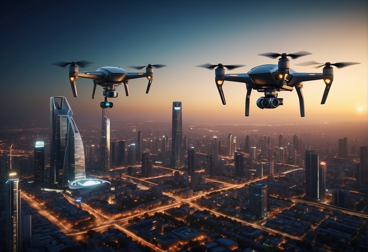 A futuristic cityscape with drones patrolling the sky, while a network of interconnected AI systems monitor and enforce safety, ethics, and policy regulations