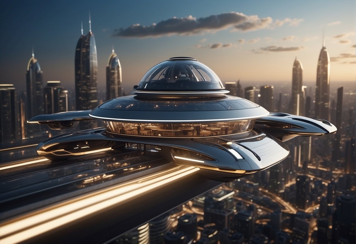 A futuristic cityscape with flying vehicles and advanced technology, showcasing the potential of Openai Sora's future directions and possibilities