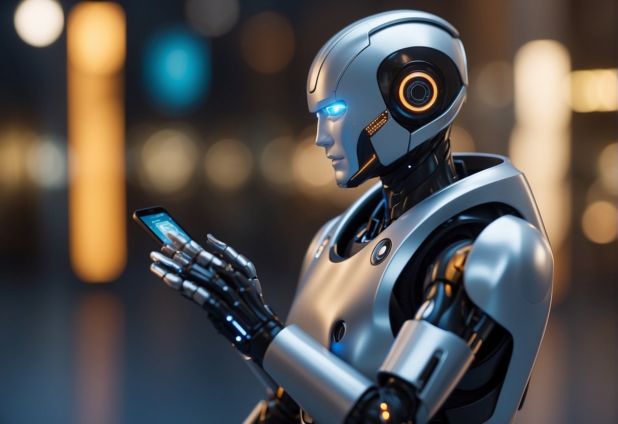 A futuristic robot interacts with OpenAI Sora, exchanging data and information in a high-tech environment