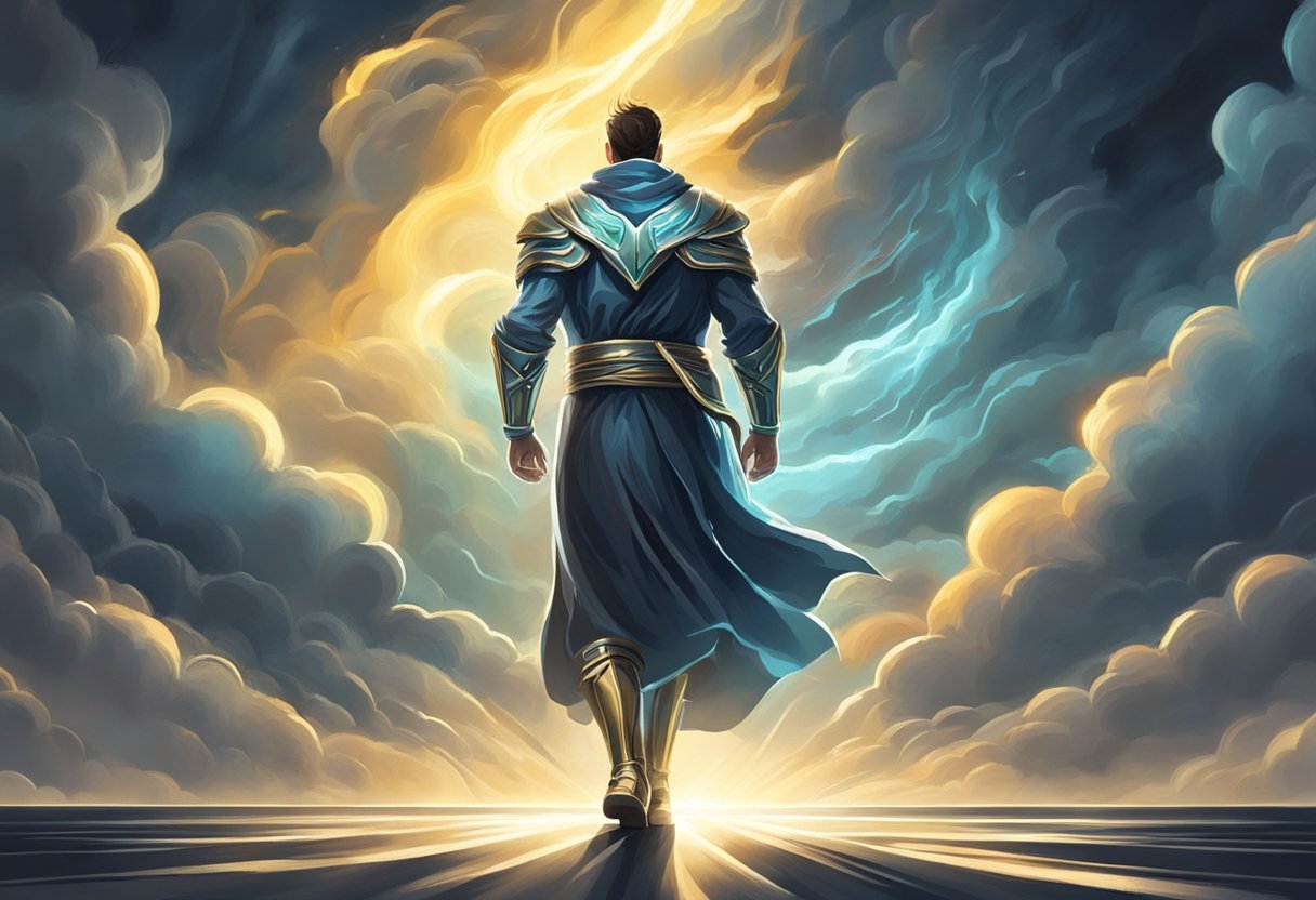 A figure stands in a powerful stance, surrounded by swirling dark clouds. Bright beams of light pierce through, dispelling the negativity