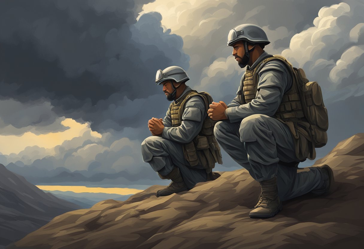 Soldiers kneeling, armor on, praying against dark clouds of negative thoughts