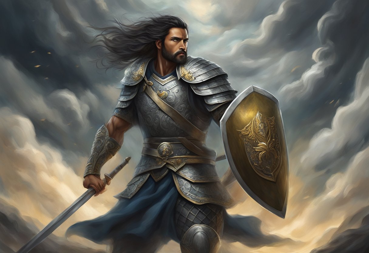 A powerful warrior stands in the midst of a battlefield, surrounded by swirling dark clouds. With a determined expression, they raise their sword and shield, ready to engage in spiritual warfare against negative thought patterns