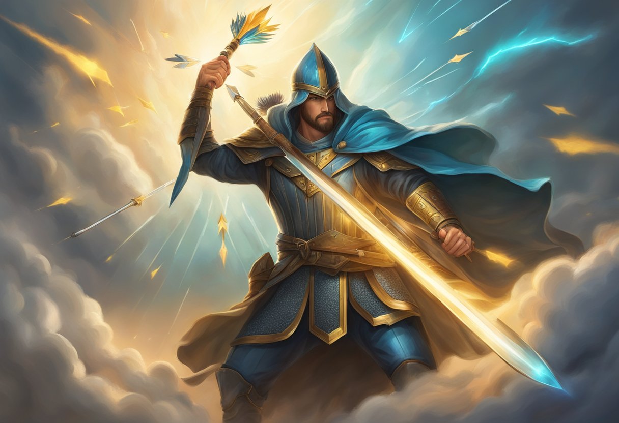 A radiant shield deflects arrows of doubt and fear, while a powerful sword strikes down negative thought patterns. The atmosphere is charged with victorious energy