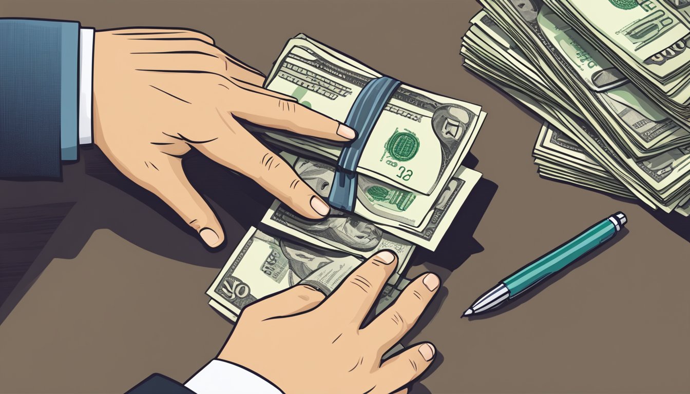 A hand reaches out to place a stack of cash on a table, while a document is being signed with a pen