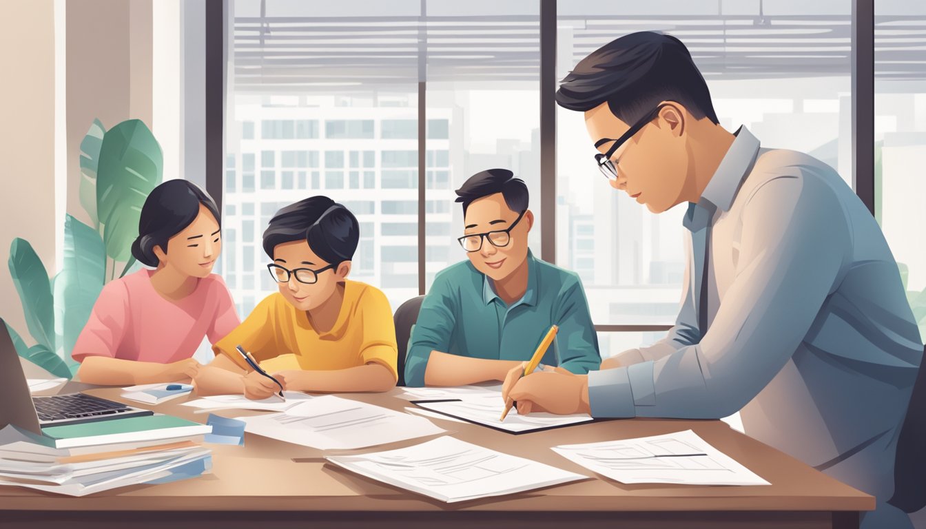 A family signs paperwork at a HDB office, discussing staggered downpayment options. Papers and a calculator sit on the desk