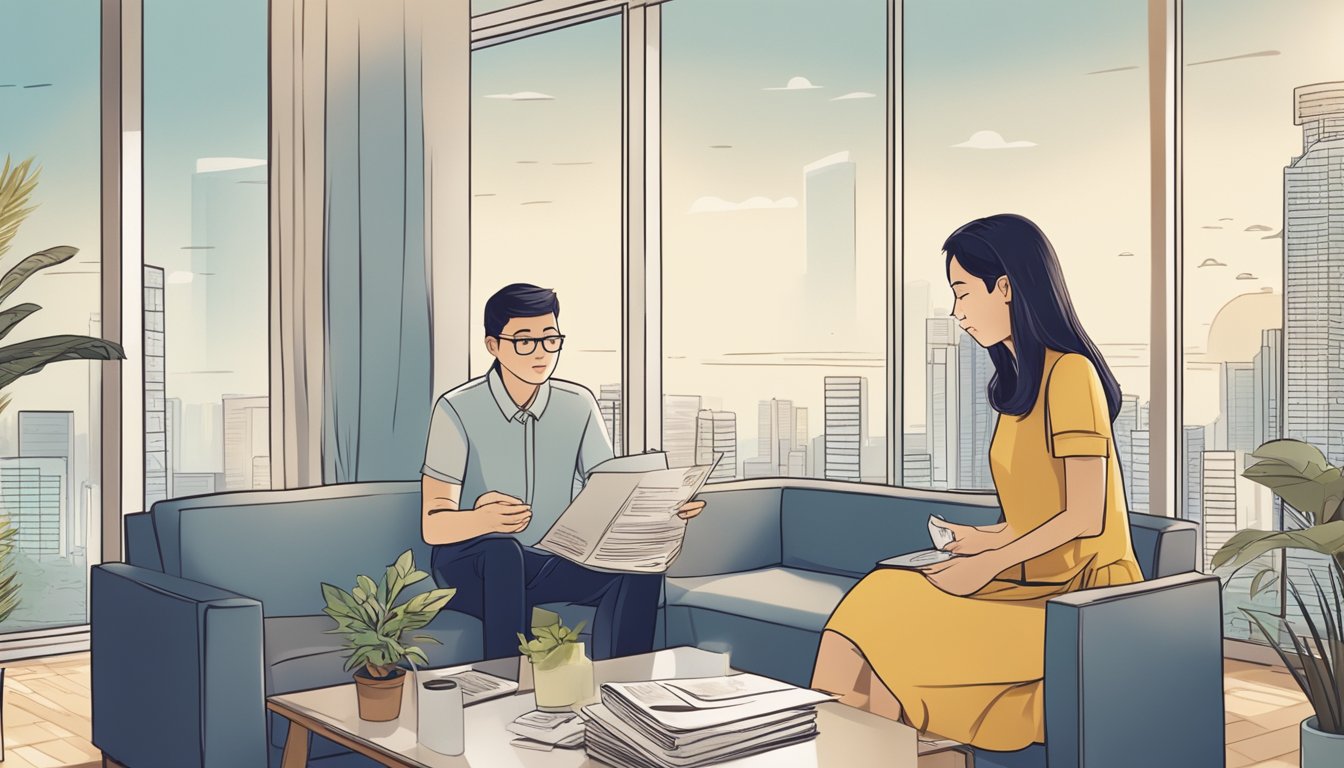A couple discusses HDB staggered downpayment options at a Singaporean bank, surrounded by financial charts and brochures