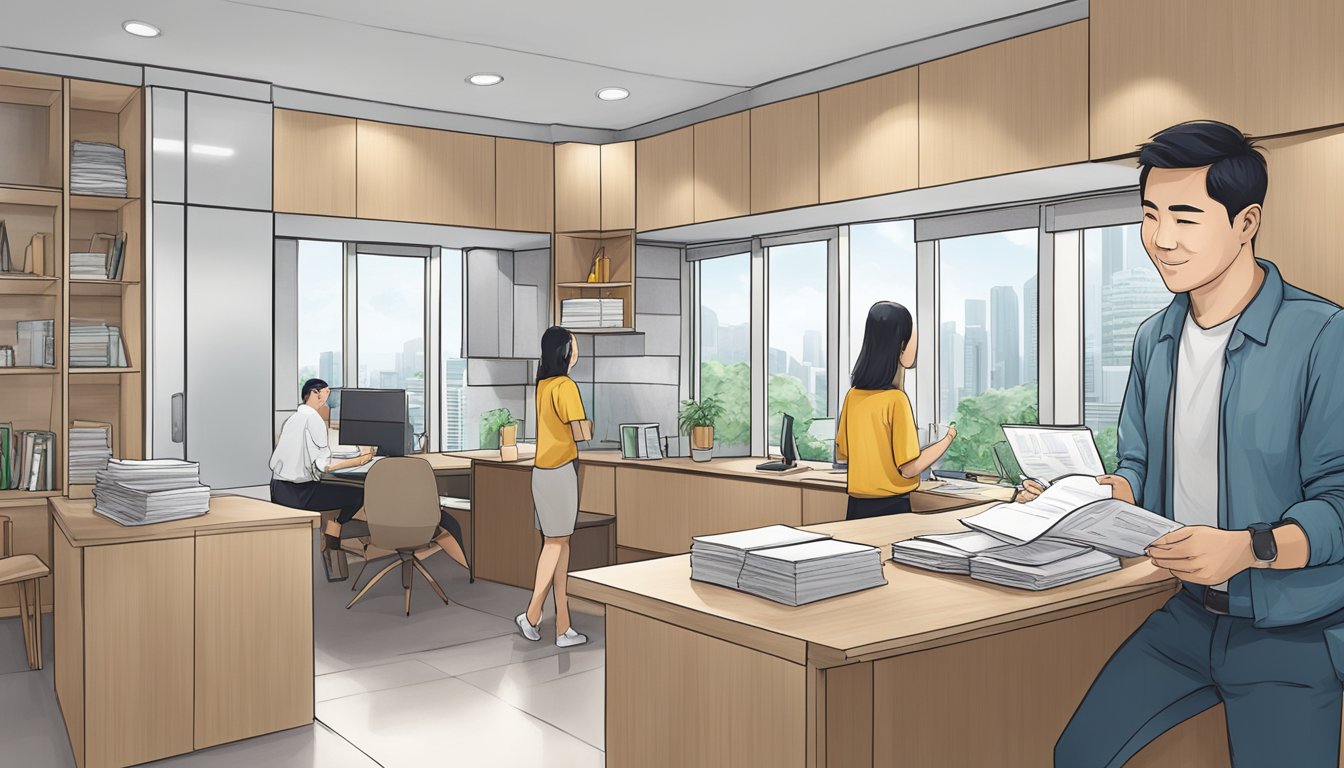 A couple reviews brochures for BTO and resale flats, comparing prices and downpayment options at an HDB office in Singapore