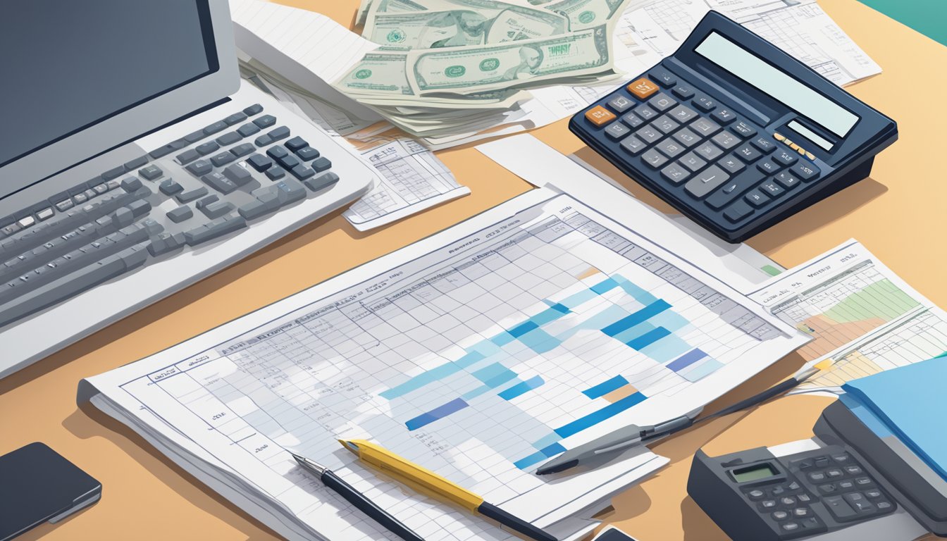 A pile of bills and paperwork sits on a desk, with a calculator and pen nearby. A chart showing staggered payment schedules is displayed on a computer screen