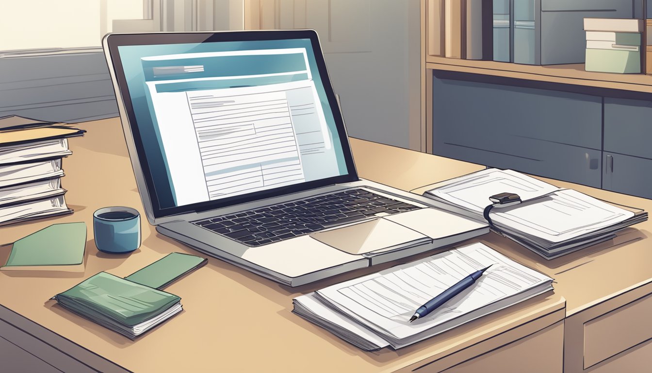 A table with a stack of documents, a pen, and a laptop, with a sign that reads "Required Documents for Submission" in a tidy office setting