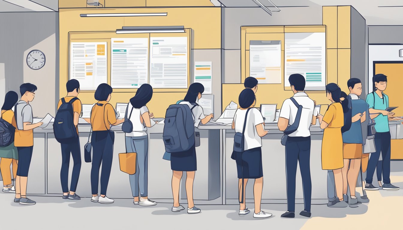 A person submitting documents at an HDB office in Singapore, surrounded by FAQs and a queue of people